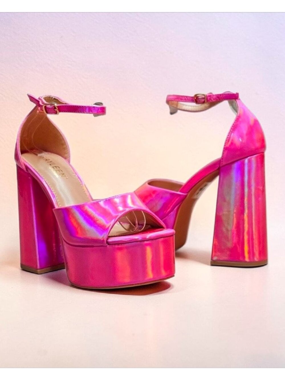 Iridescent Pink Platform Block Heel Sandals With Ankle Strap - Womens Statement - Picture 9 of 15